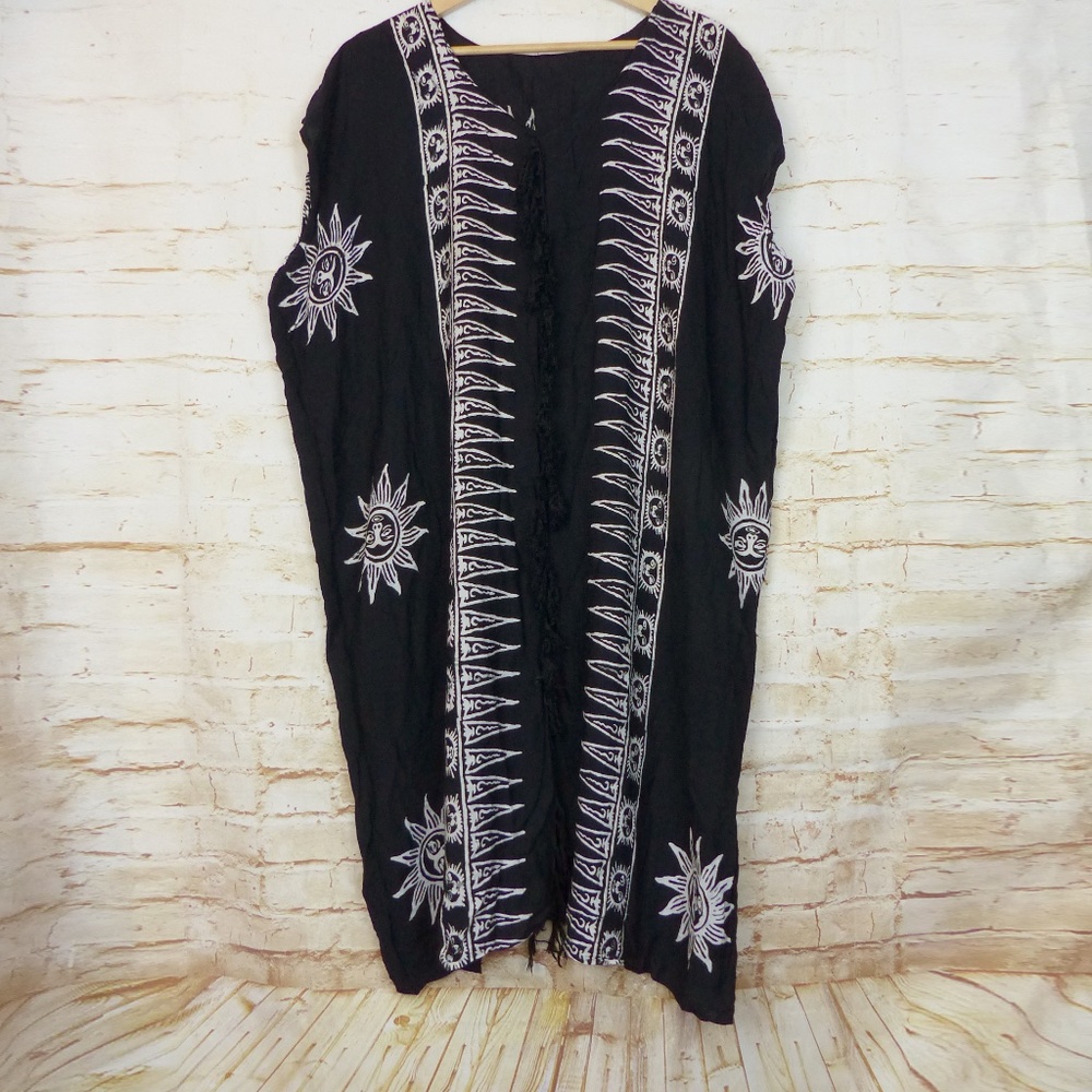 Sun Tribal Print Kaftan Dress Womens One Size Black Fringe Center Beach Hippie